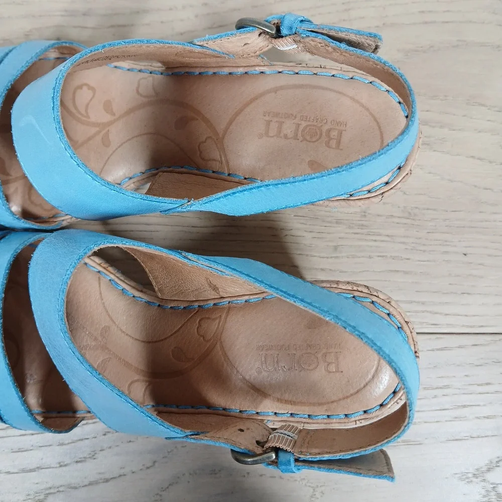 Born Wedge Sandals Womens 8 Blue Leather Cork Platform Slingback Opanka Strappy